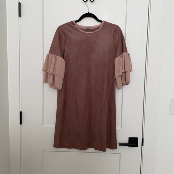 Luisa Perla Rose Ruffle Sleeve Suede Dress - Picture 2 of 14